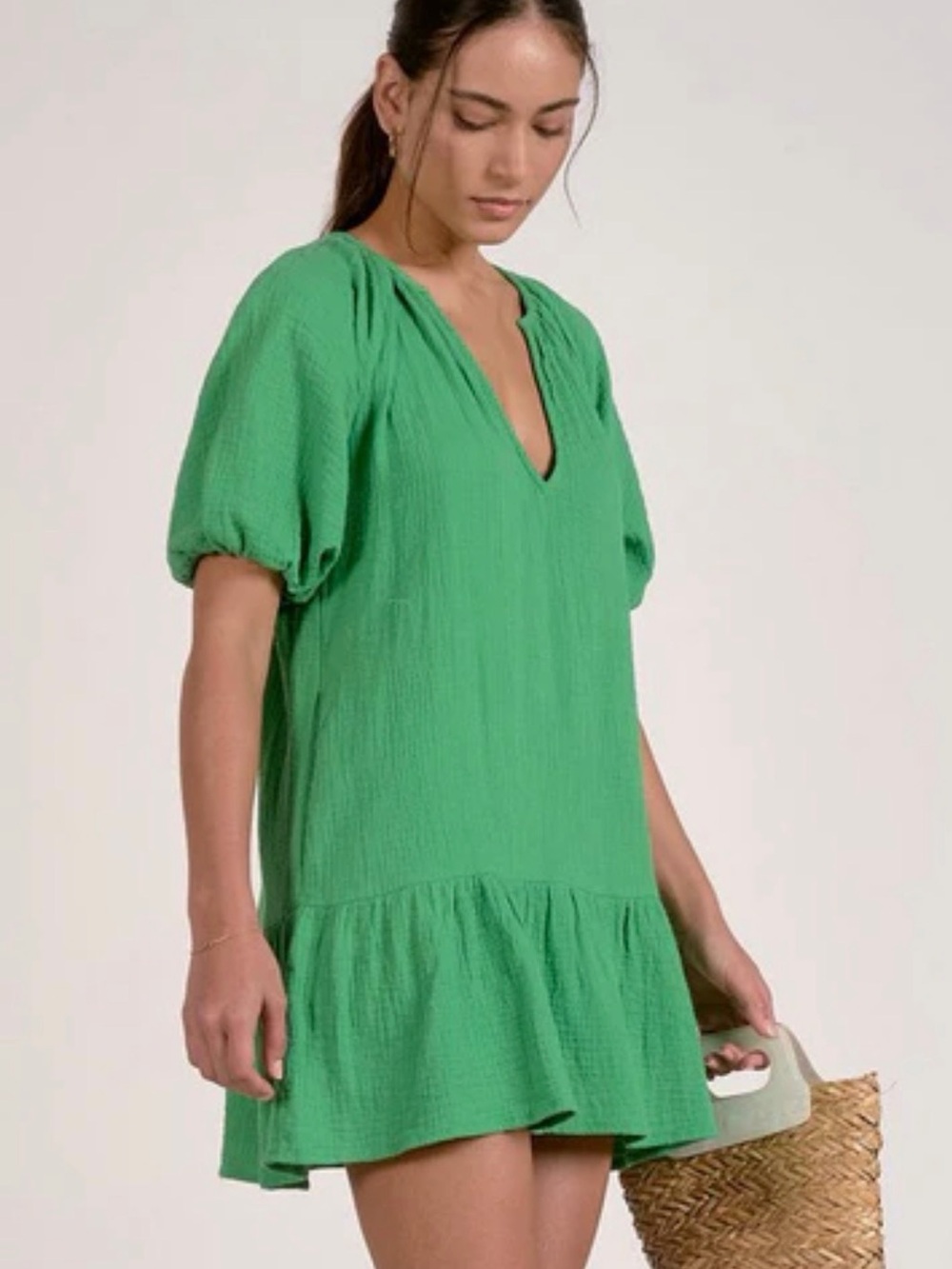 Elan Green Mini Dress with V-Neck and Puff Sleeves